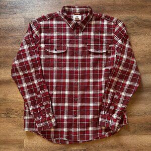 Timberland Casual Button Down Mens XL Red Maroon Plaid Rugged Flannel Shirt